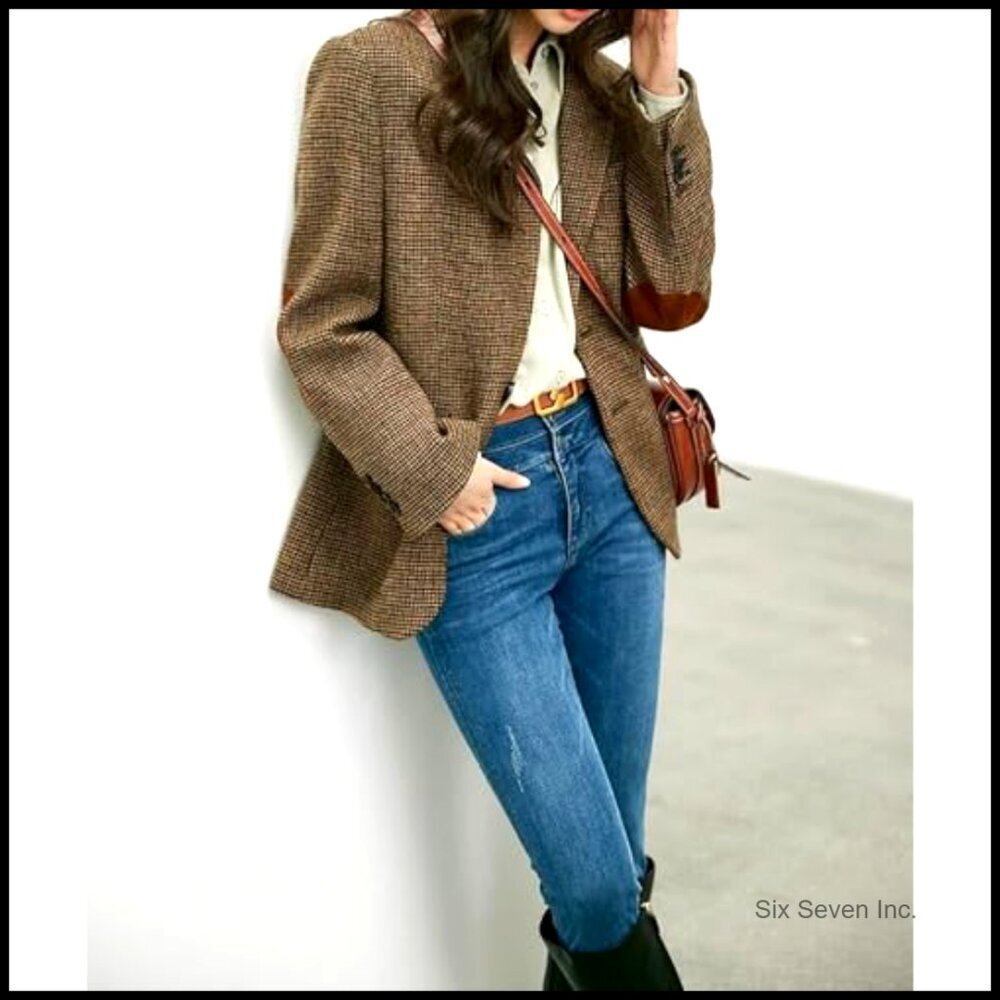 Wool Blend Blazer Jacket Single Breasted Lapel Plaid Business Work Coat - Picture 4 of 7